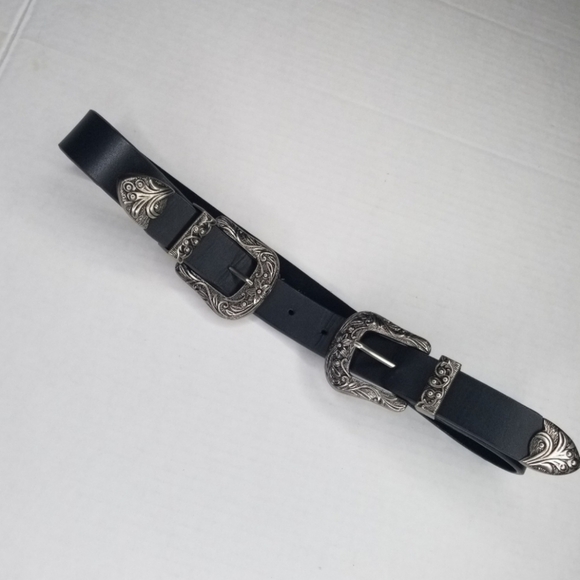 LoveStrength Scarlet Double Silver Buckle Waist Belt Black Leather Women\'s Sz M